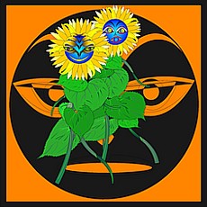 Jolly Daubs Digitalkunst:  Zwei Sonnenblumen mit Gesichtern vor einer grimmig dreinschauenden Maske.