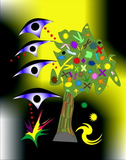 Jolly Daubs Digitalkunst: Raumschiffe umfliegen einen üppigen Baum