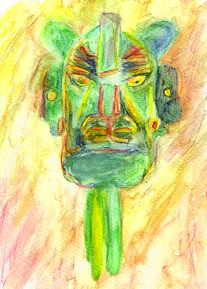 Aquarellstudie zu einer Maske aus Monte Albán in Oaxaca, Mexiko.