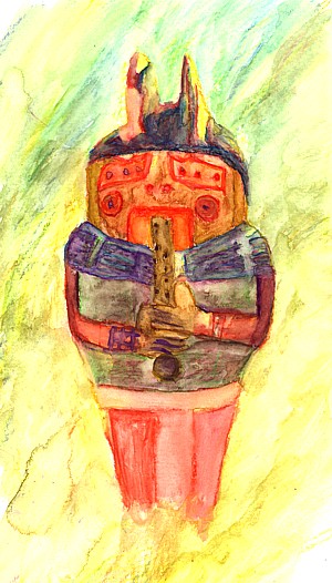 Aquarellstudie zur Statuette eines Flötenspielers im Templadera-Stil des antiken Peru.