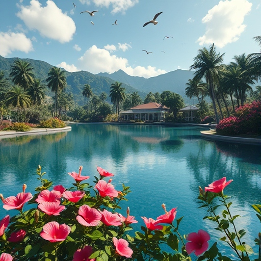 KI-Bild See mit Hibiskusblüten